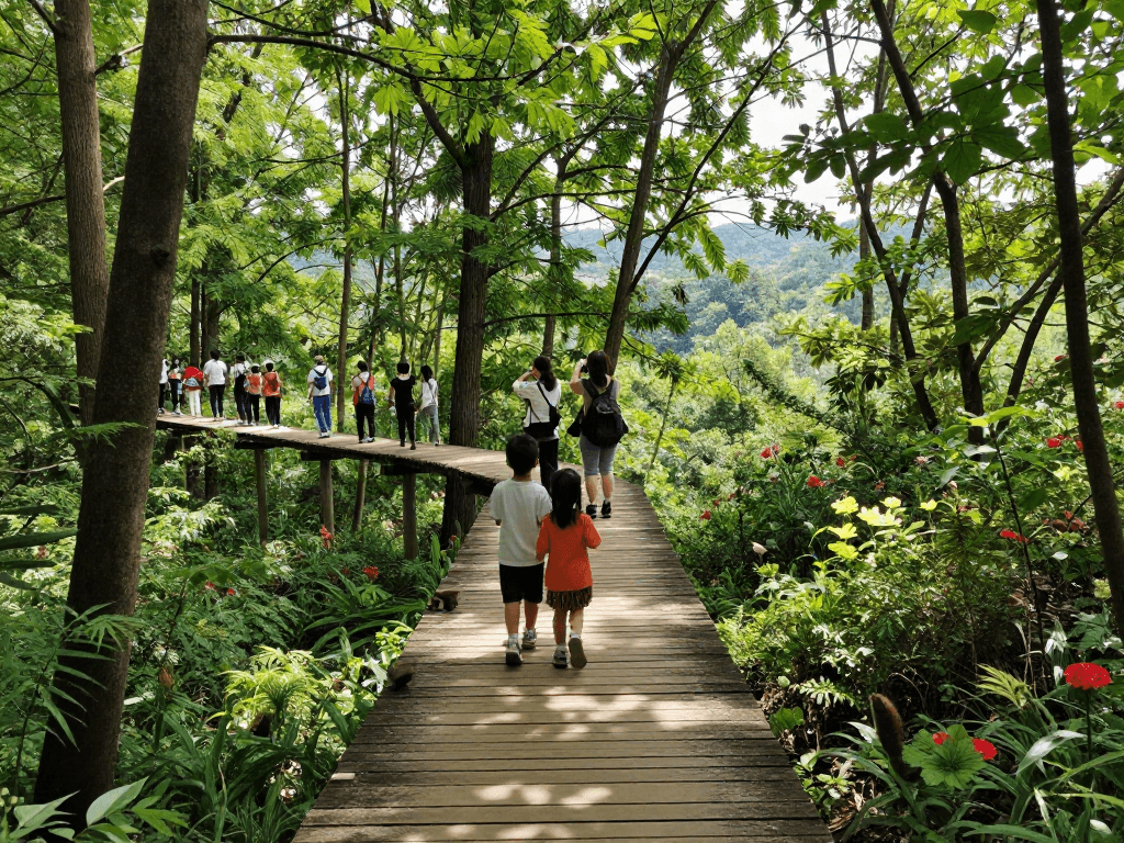Treetop Walkway visitors enjoying elevated views in a serene forest.