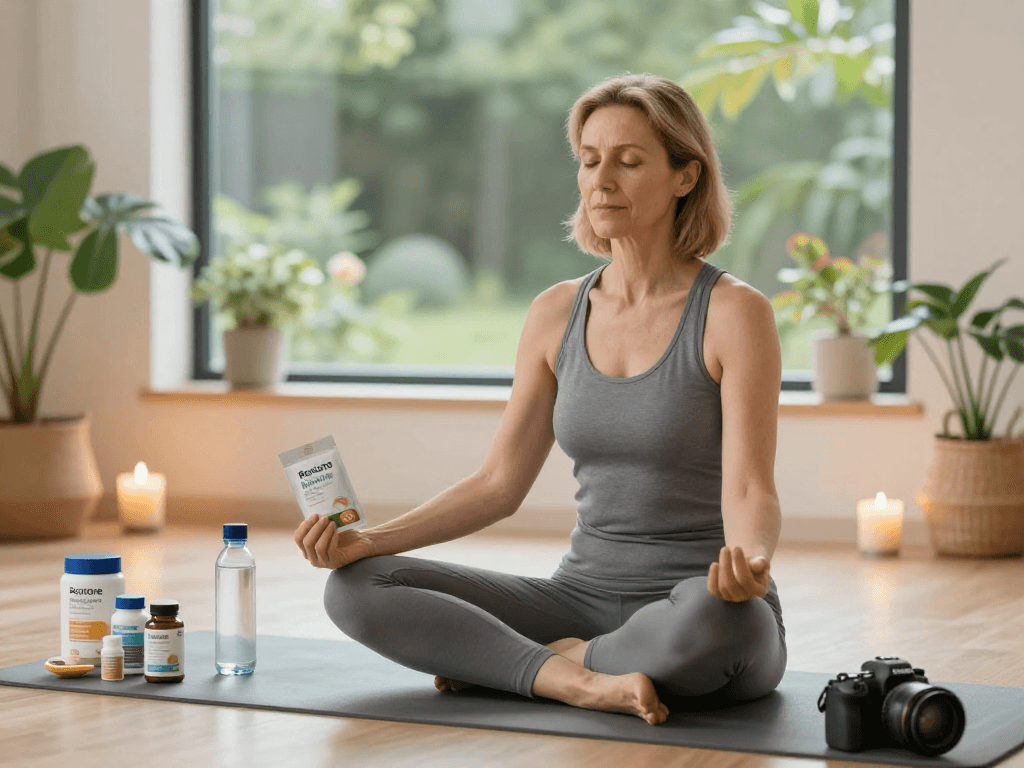 BPC 157 Side Effects experienced by a woman meditating with Restore Blend Peptide Buccal Strips.