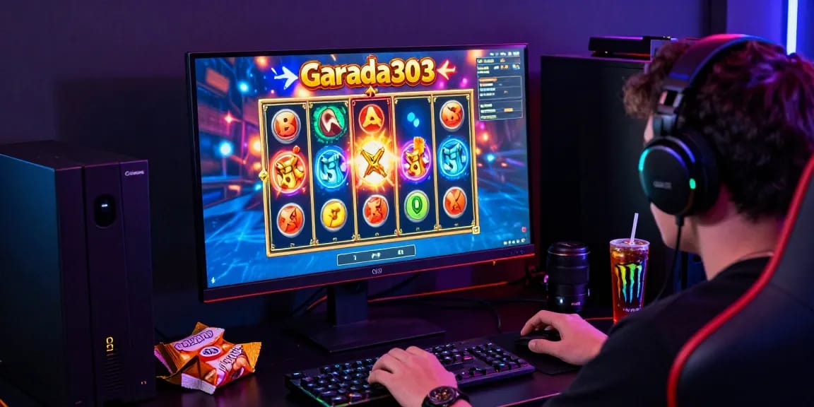 Engaging gamer enjoying garuda303 slot game on a vibrant gaming setup
