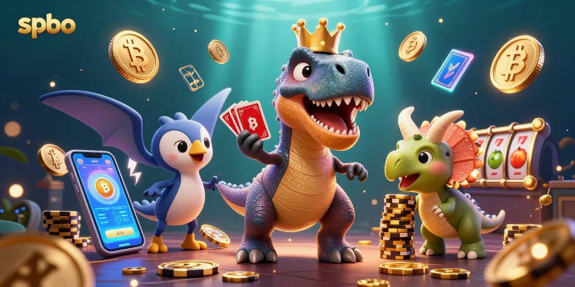 Engage in exciting card games with spbo while a T-Rex deals cards and a baby triceratops stacks chips.