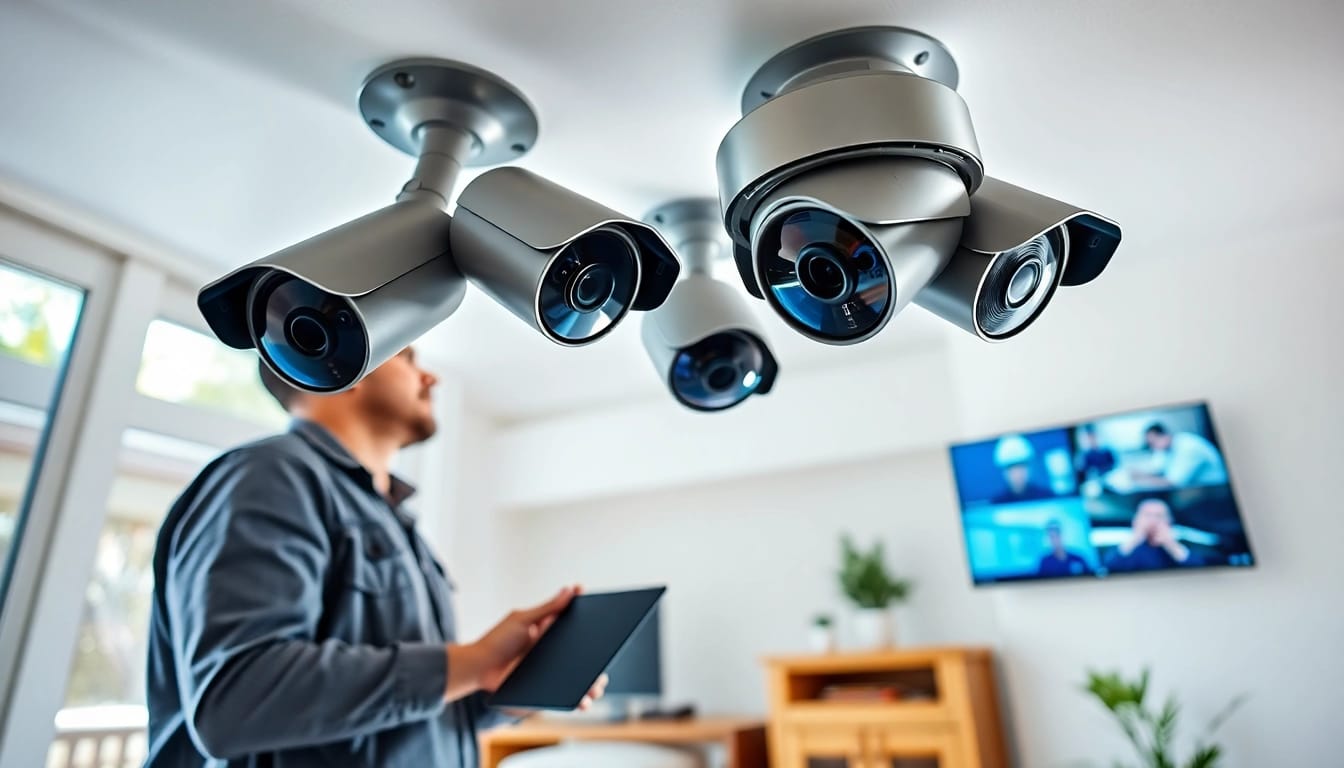 Cámaras de seguridad en Guanacaste instalándose en una casa moderna por un técnico, mostrando tecnología de vigilancia confiable.