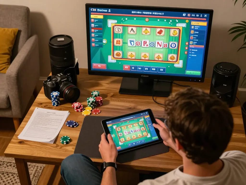 Playing an engaging slot mahjong game on a tablet in a cozy home setup, showcasing strategic gameplay.