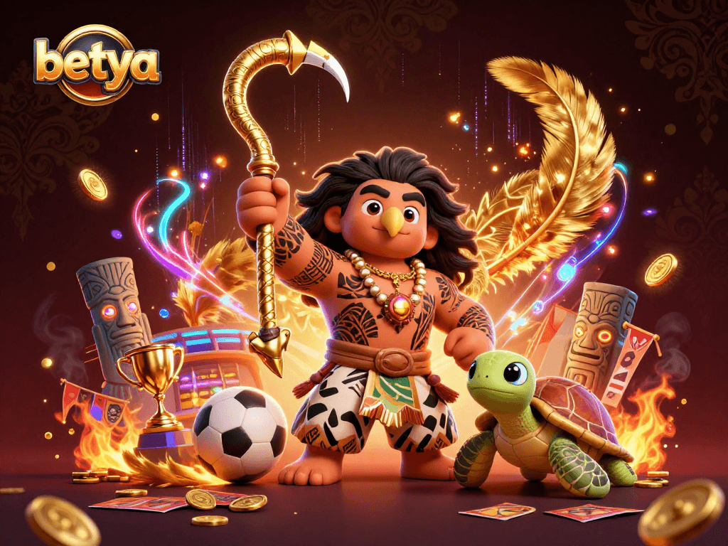Betya captures thrilling sports betting action with a demigod hawk and turtle amidst vibrant casino elements.