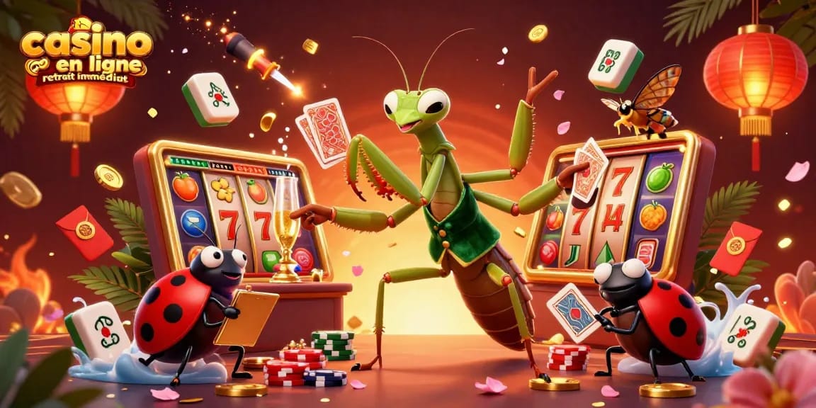 Profitez du casino en ligne retrait immédiat avec cette illustration animée captivante réunissant un caméléon de jeu, un pit boss et une décoration festive.