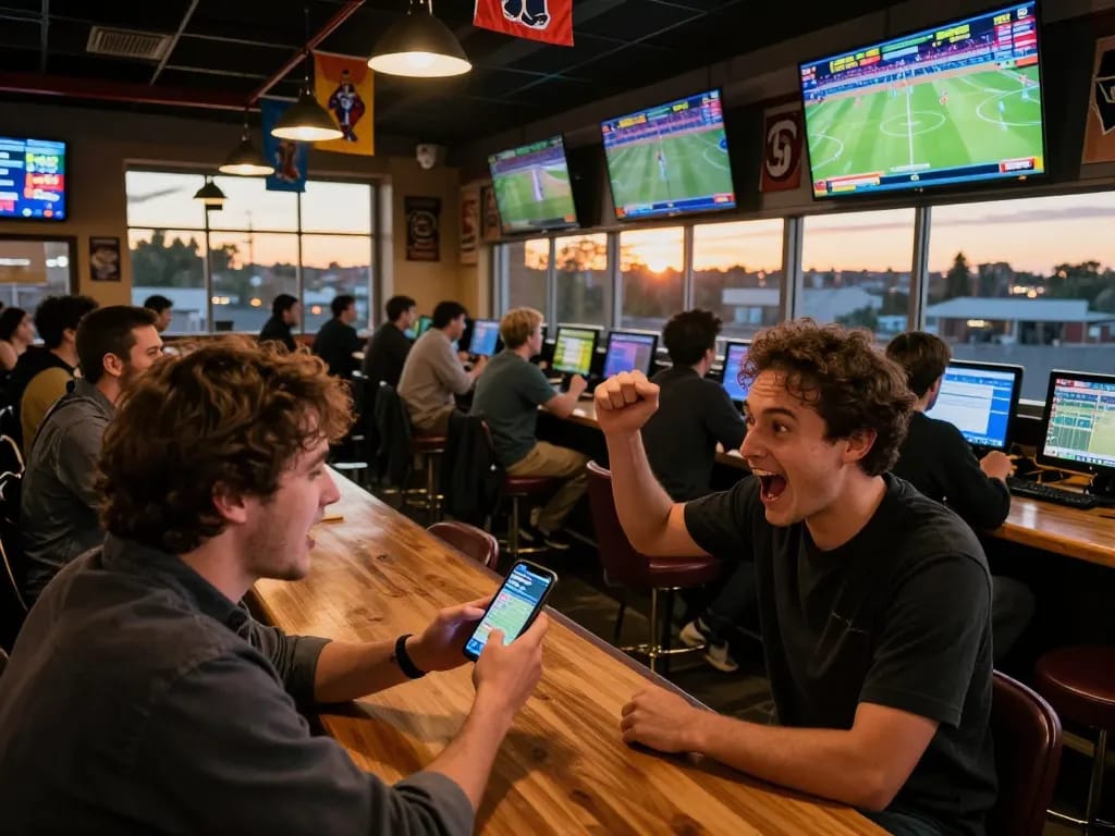 Excited sports betting action on the 7m platform at a lively sports bar with screens displaying odds.