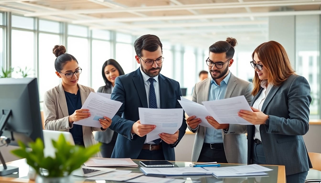 Team evaluating FCPA/DCAA/Flowdown/ITAR/EAR compliance documents in a professional setting.