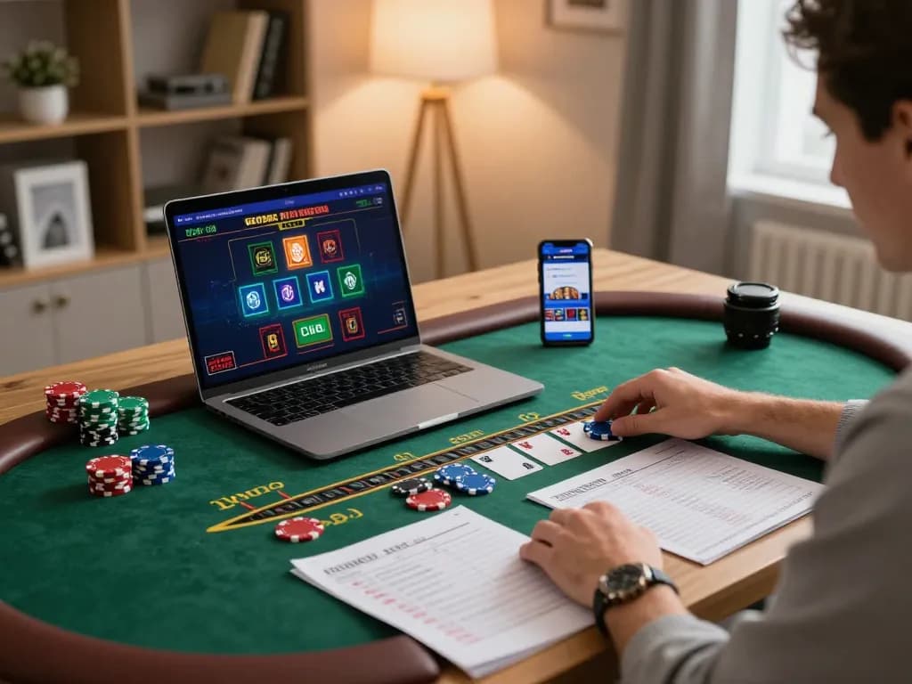 Player enjoying blackjack on fly88 during cozy home gaming session with strategic notes.