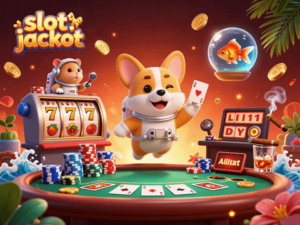 Experience a thrilling slot jackpot scene with a 3D corgi and dynamic casino elements.