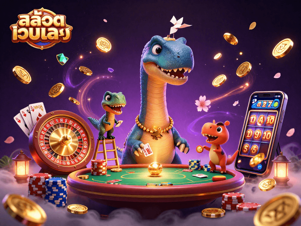 Experience the excitement of สล็อตเว็บตรง with a playful scene featuring a brontosaurus and raptor in a lively casino setting.