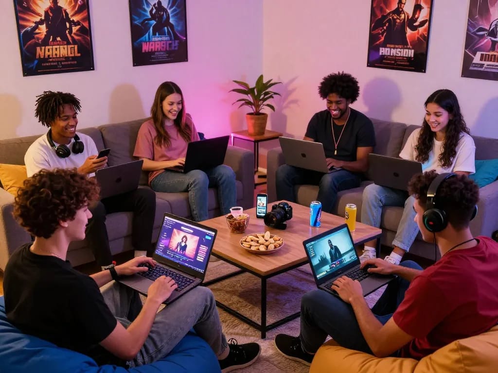 Engaged gamers enjoying online porn games in a cozy living room setting, showcasing modern gaming culture.