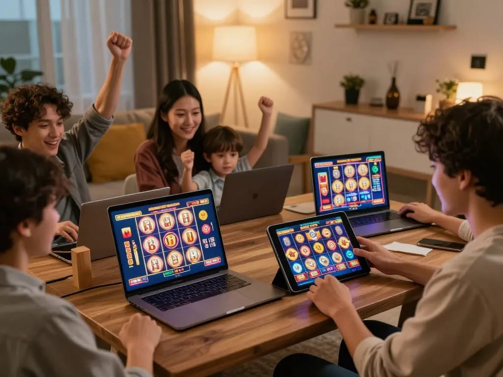 Players enjoying mau777 slot games online, celebrating big wins with digital devices in a cozy living room.