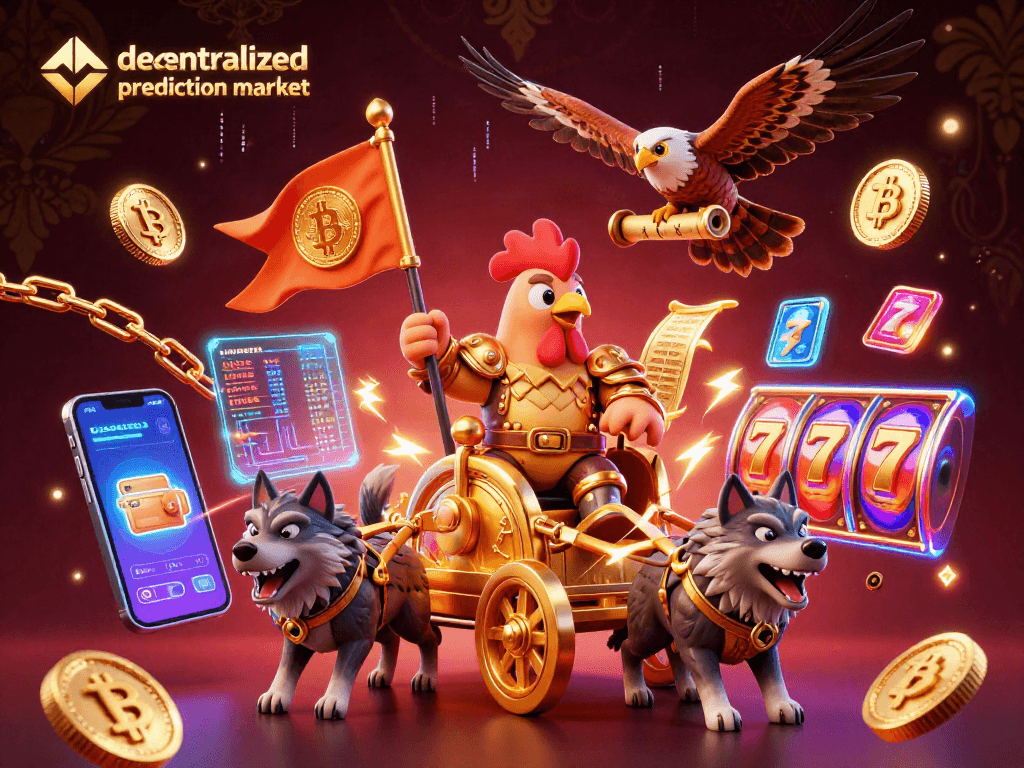 Engage in the decentralized prediction market with 3D rooster warlord leading a crypto-themed adventure.