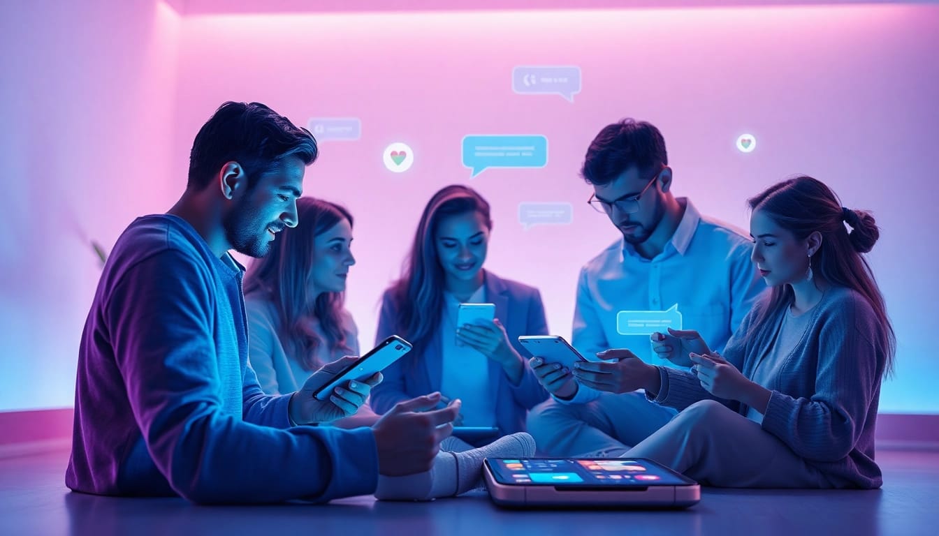 Engaging scene of diverse people using sex chat ai in a modern digital space.