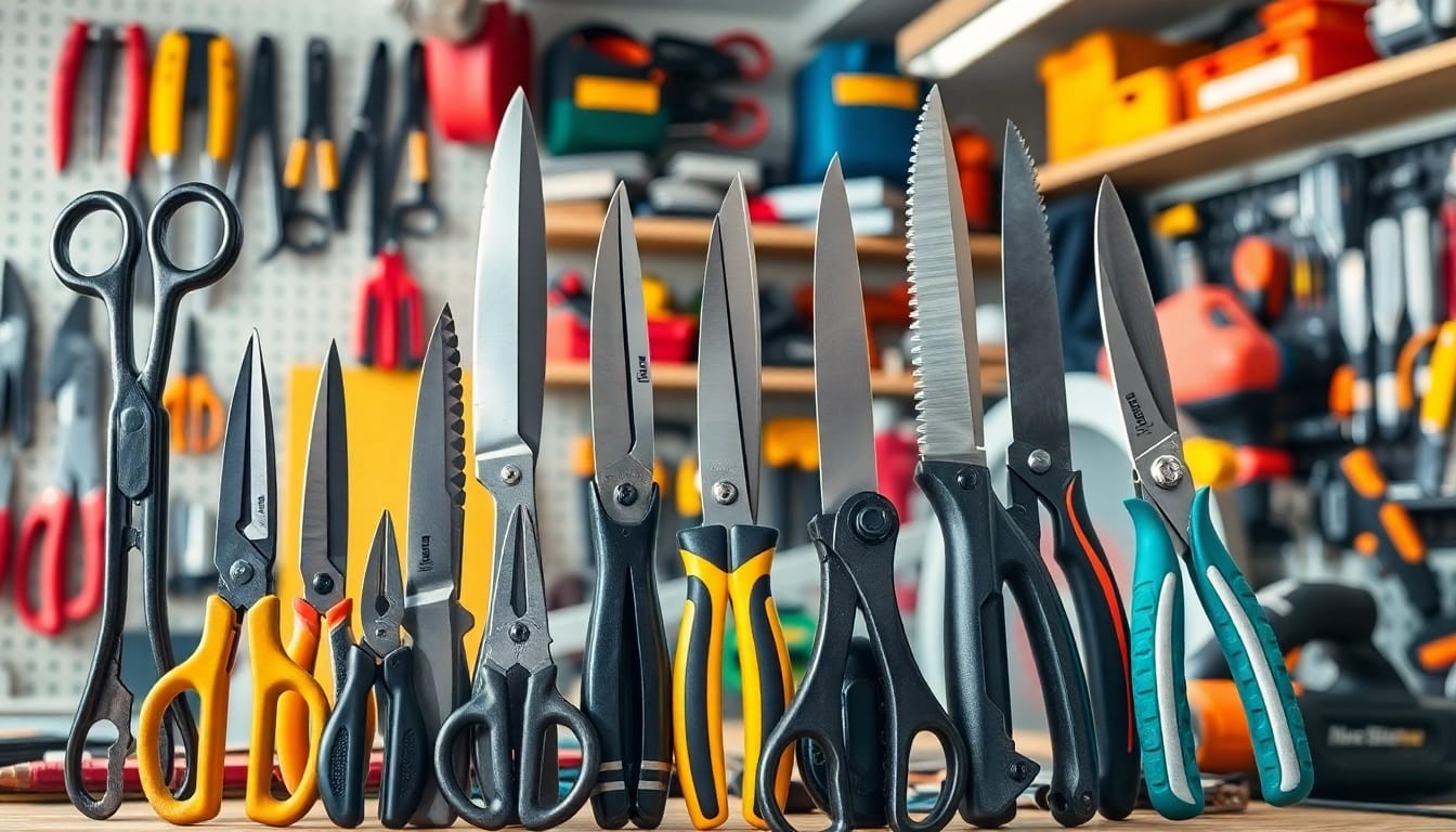 Showcase of cutting equipment, featuring diverse tools in a bright workshop setting.