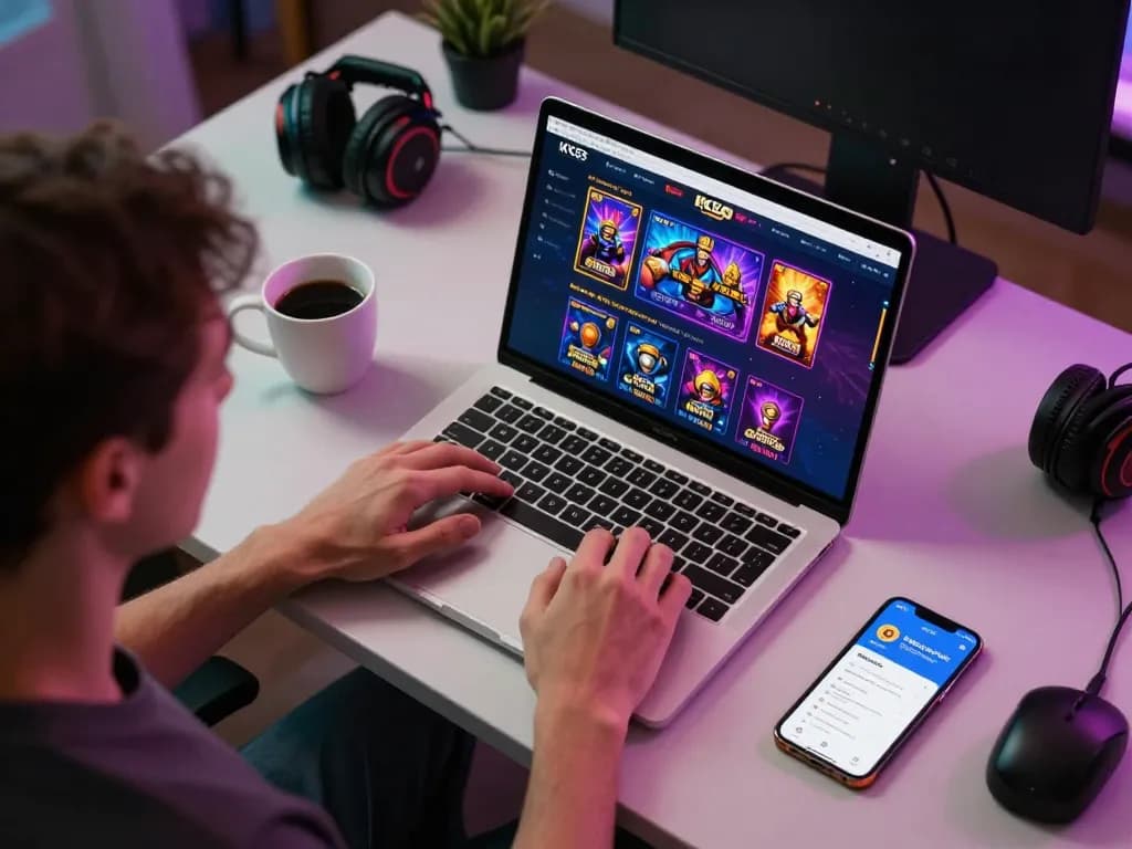 Engaging player navigating KK55 online casino on laptop, highlighting responsible gambling.