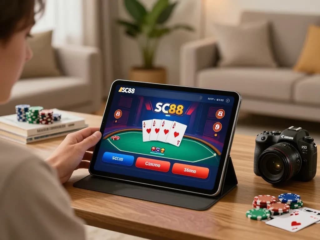Player enjoying SC88 casino app on tablet with poker interface in cozy home setting.