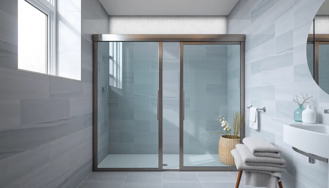 Experience the elegance of sliding shower doors in a modern bathroom setting with detailed craftsmanship.
