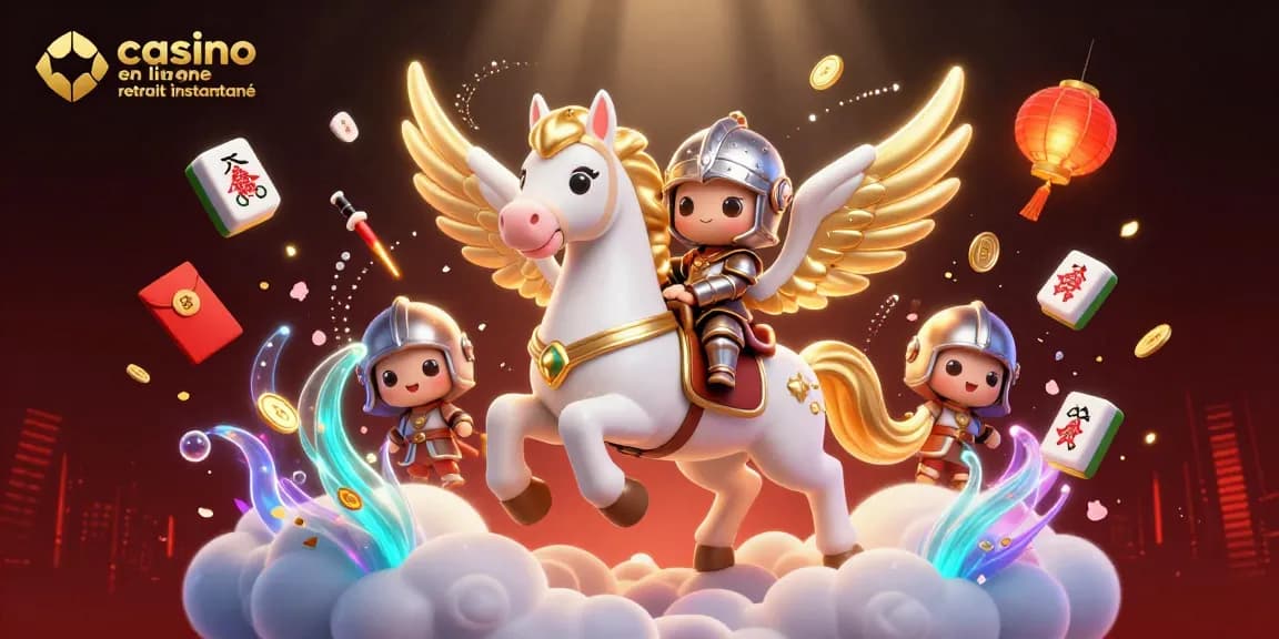 Plongez dans un casino en ligne retrait instantané avec une illustration dynamique d'un cheval céleste et un chevalier
