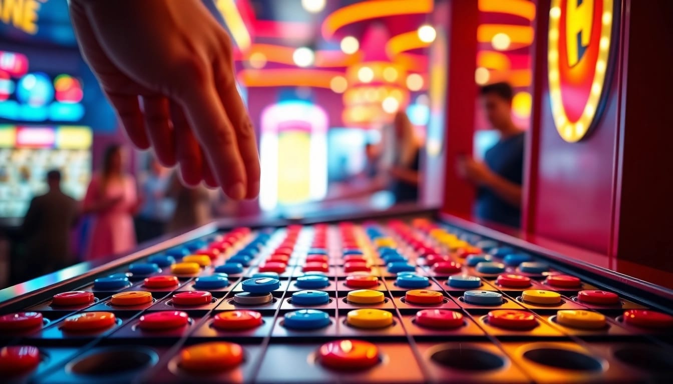 Demo plinko yang menarik di arena permainan dengan pegs berwarna-warni dan disc berjatuhan.