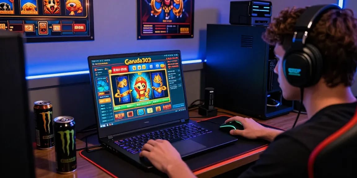 Engaged player immersed in garuda303 slot game, surrounded by gaming gear and vibrant decor.