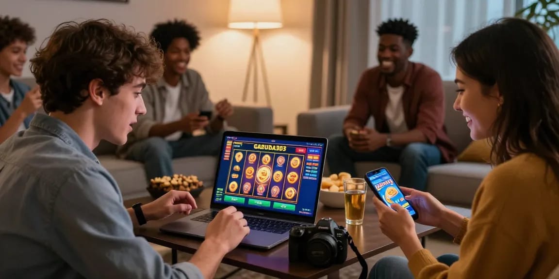 Exciting Garuda303 slot gaming experience with friends in a cozy living room atmosphere.
