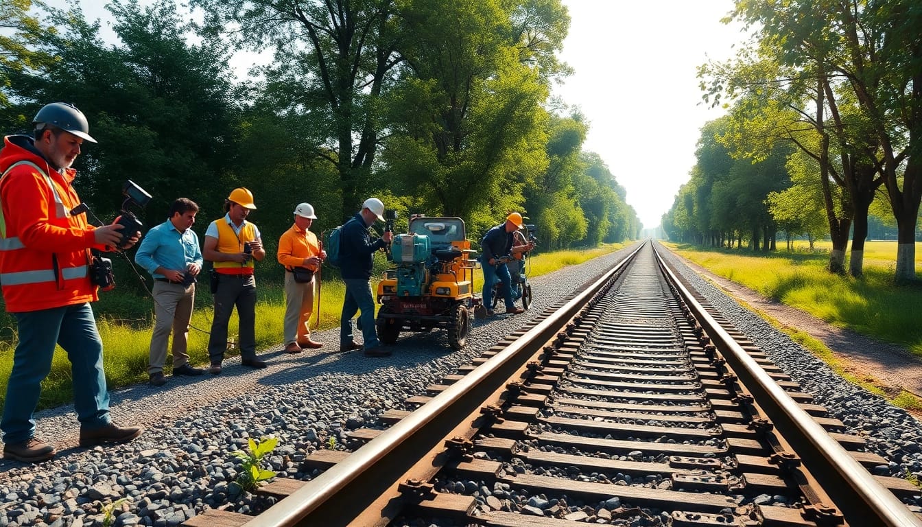 Railroad Maintenance crew inspecting tracks with tools and equipment in a vibrant setting.