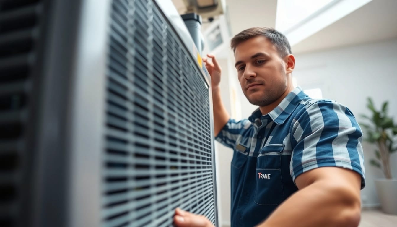 Technician servicing Trane air conditioning equipment in a bright home environment.