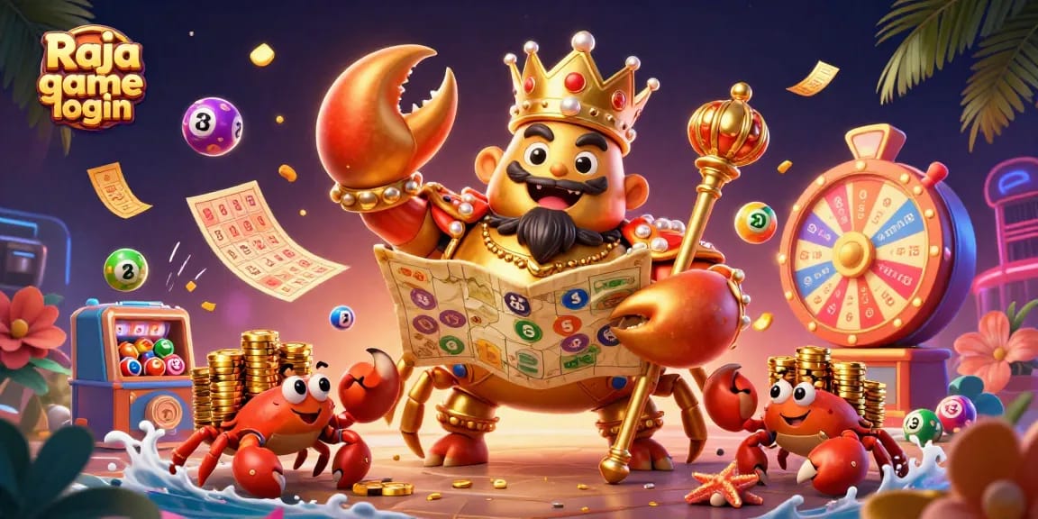 Engage with excitement at Raja game login featuring a golden crab emperor surrounded by vibrant lottery game elements.