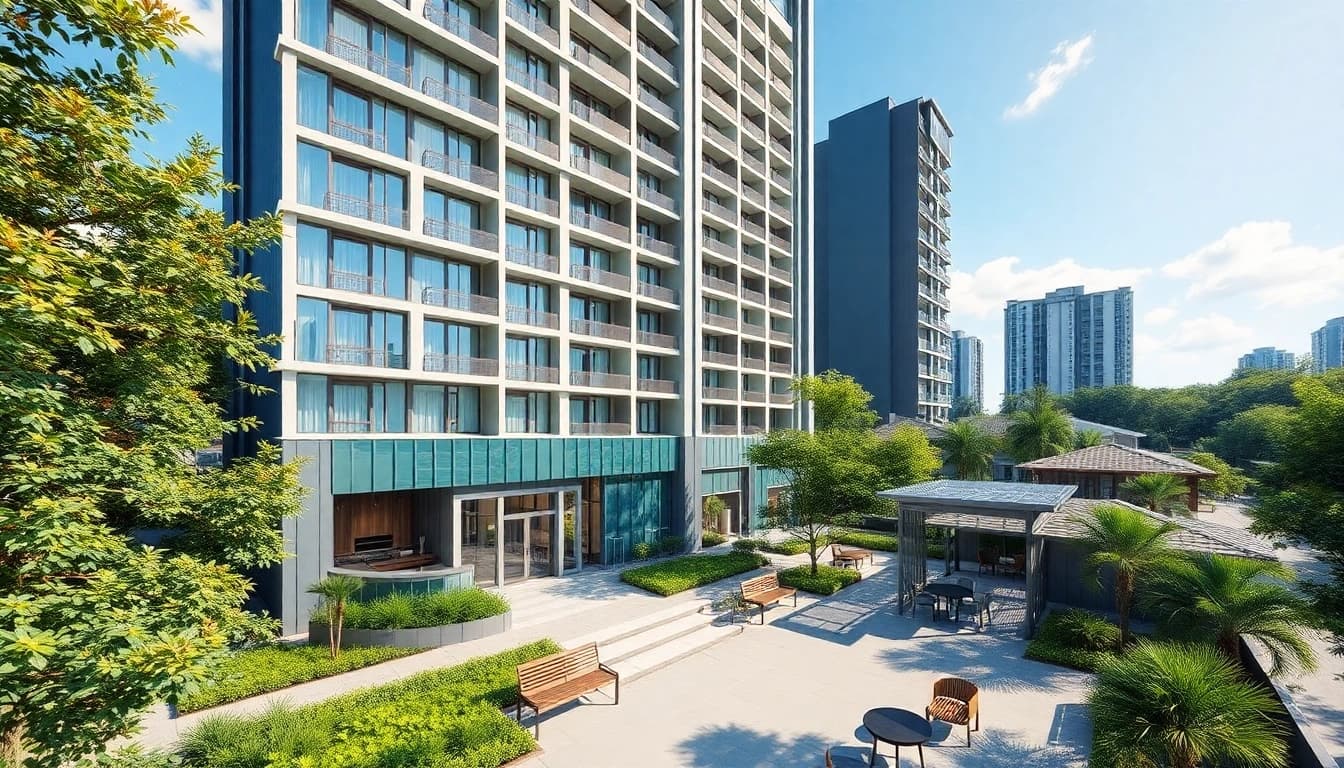 View of a modern luxury executive condominium, tampines ec, showcasing vibrant community amenities.