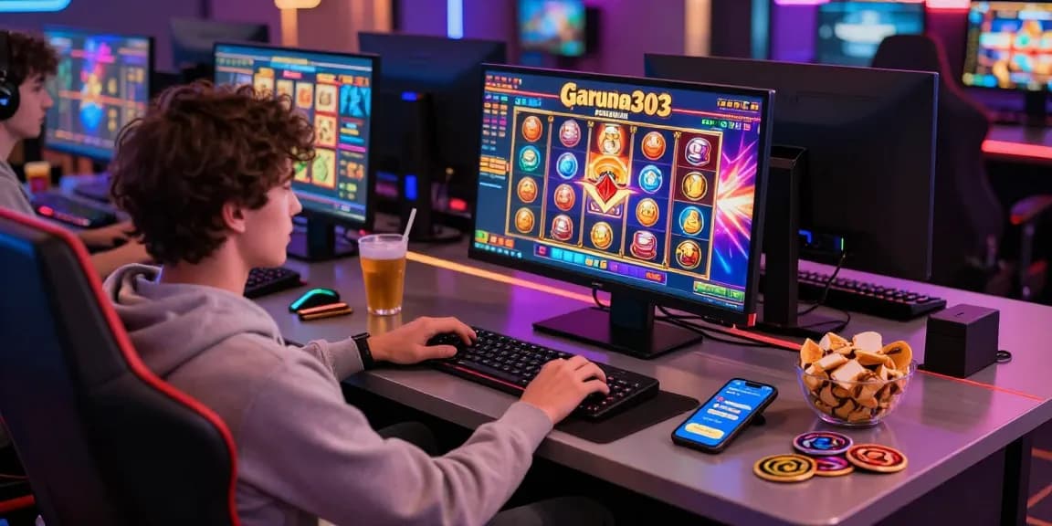 Immersive gaming experience with garuda303 slot game on a vibrant online casino setup, player engaged and enjoying the excitement.