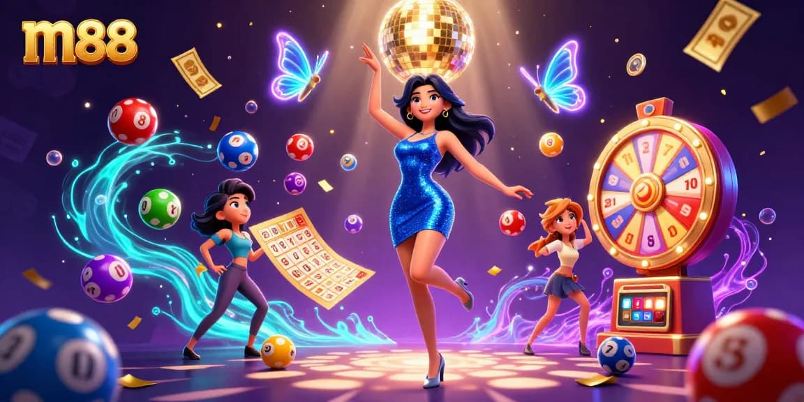 Engage with m88's vibrant lottery experience featuring a glamorous character in an electric blue dress.