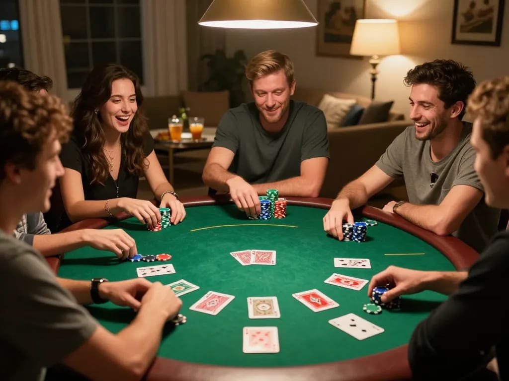 C168 nhà cái vibrant poker night with friends enjoying Texas Hold'em strategy and competitive play