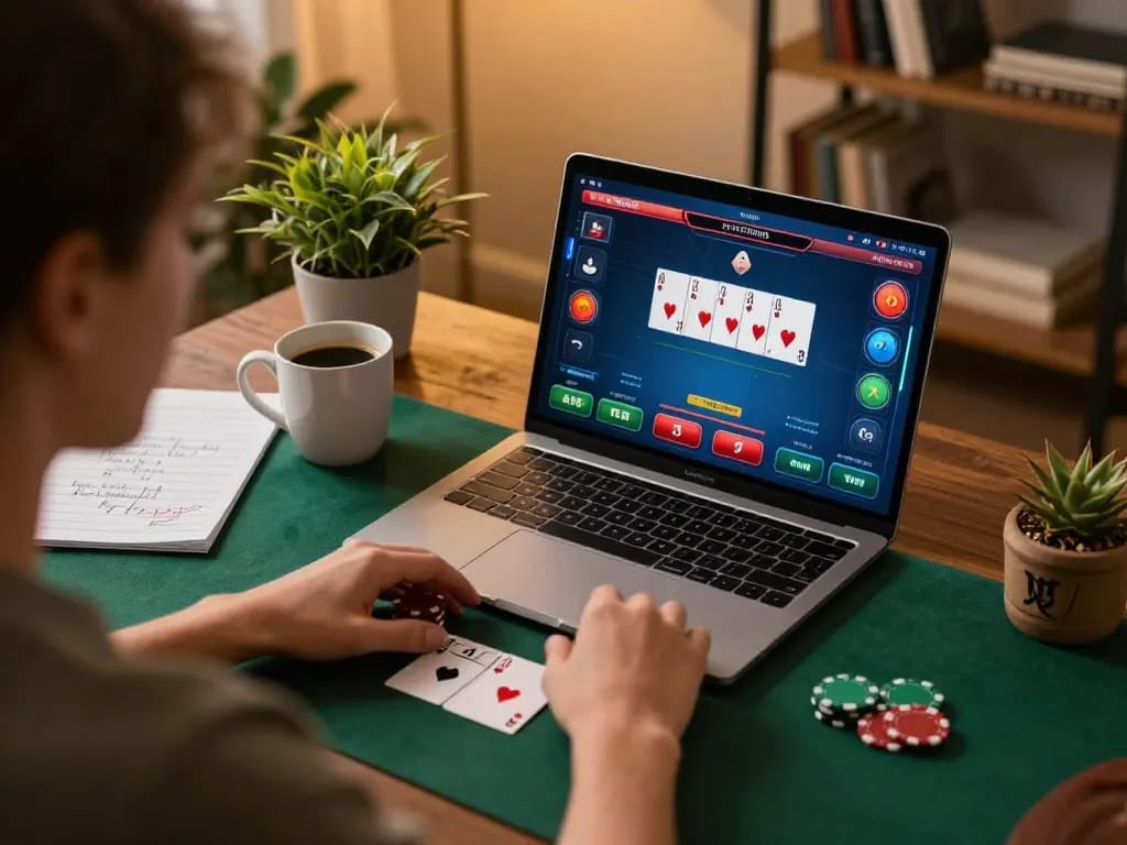 Engaged player strategizing on g28-t1 while enjoying online poker at home, demonstrating responsible gaming.