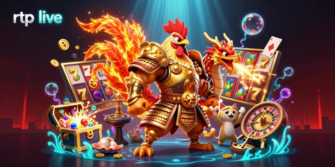 Experience rtp live gaming transformation with a vivid illustration of a cockfighting warrior and dragon.