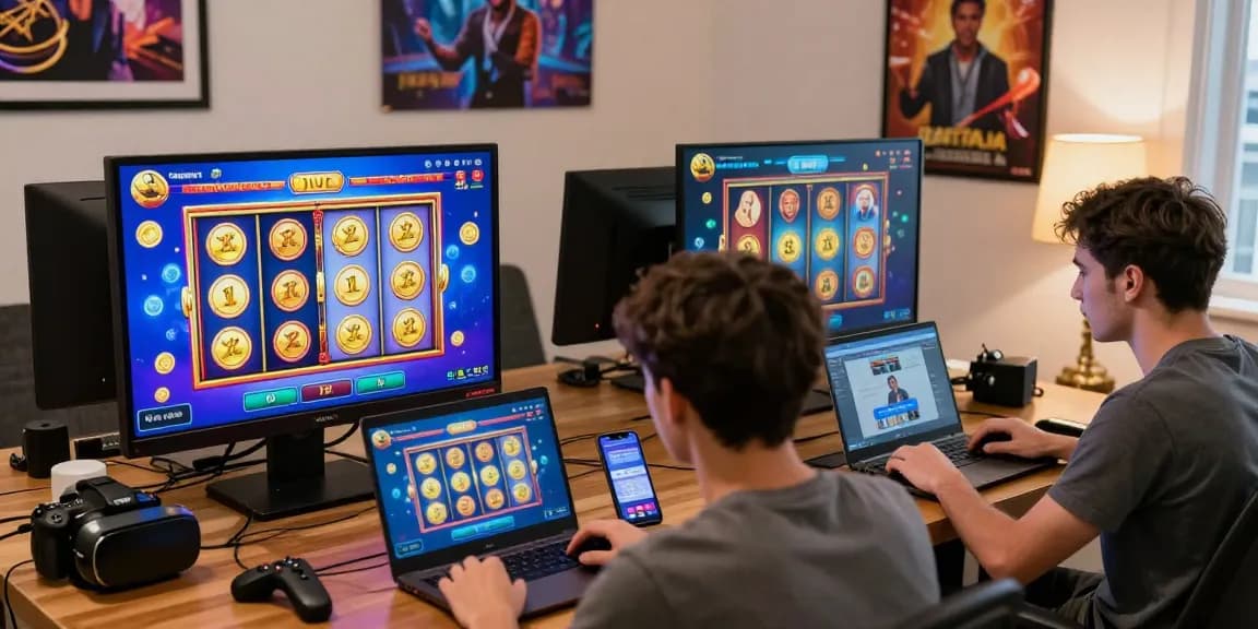 Engaged players enjoying dynamic slot games in a colorful online casino environment.