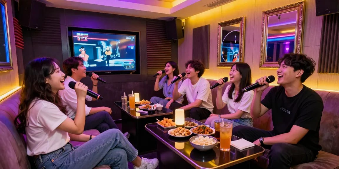 Engaging night out at 인천쓰리노 featuring friends singing karaoke in a stylish private room.