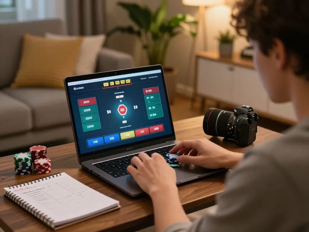 Open88 player strategizing poker bets on laptop in cozy home setup.