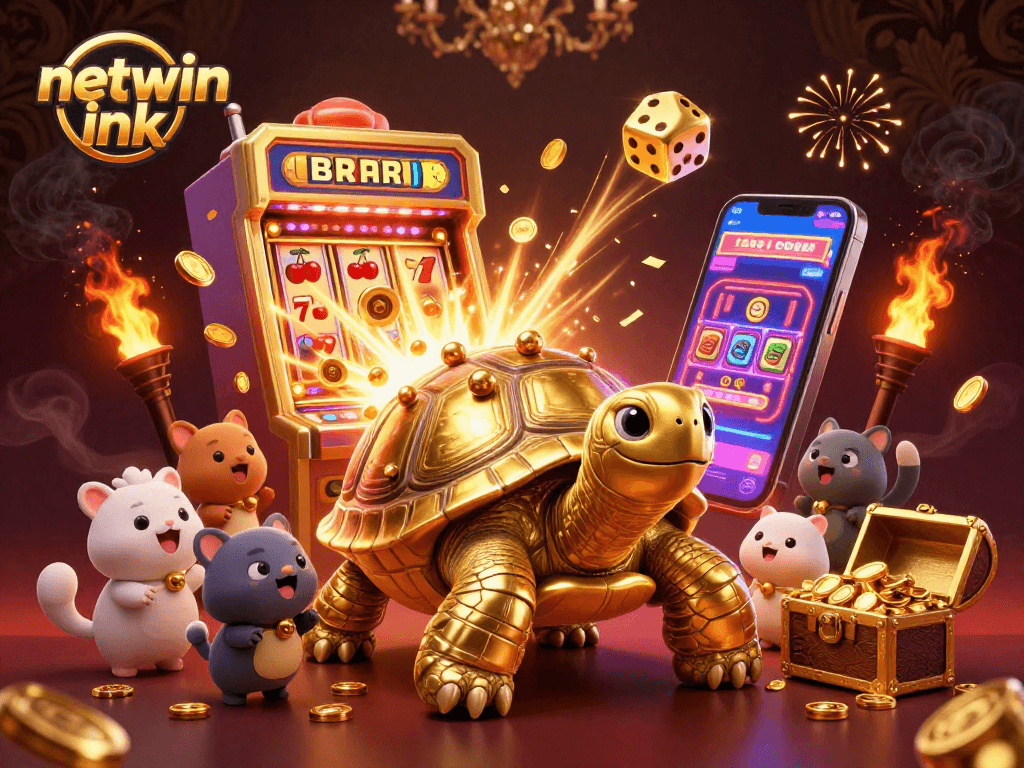 Engage with netwin ink's vibrant 3D casino scene, featuring golden characters and rich gaming elements.