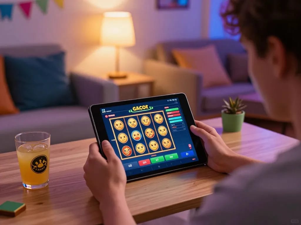 Engaging player enjoying slot gacor games on a tablet at home, featuring warm lighting and strategic notes.