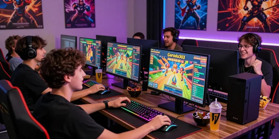 Cheerful gaming session with friends playing garuda303 slot on a vibrant computer setup, showcasing excitement and camaraderie.