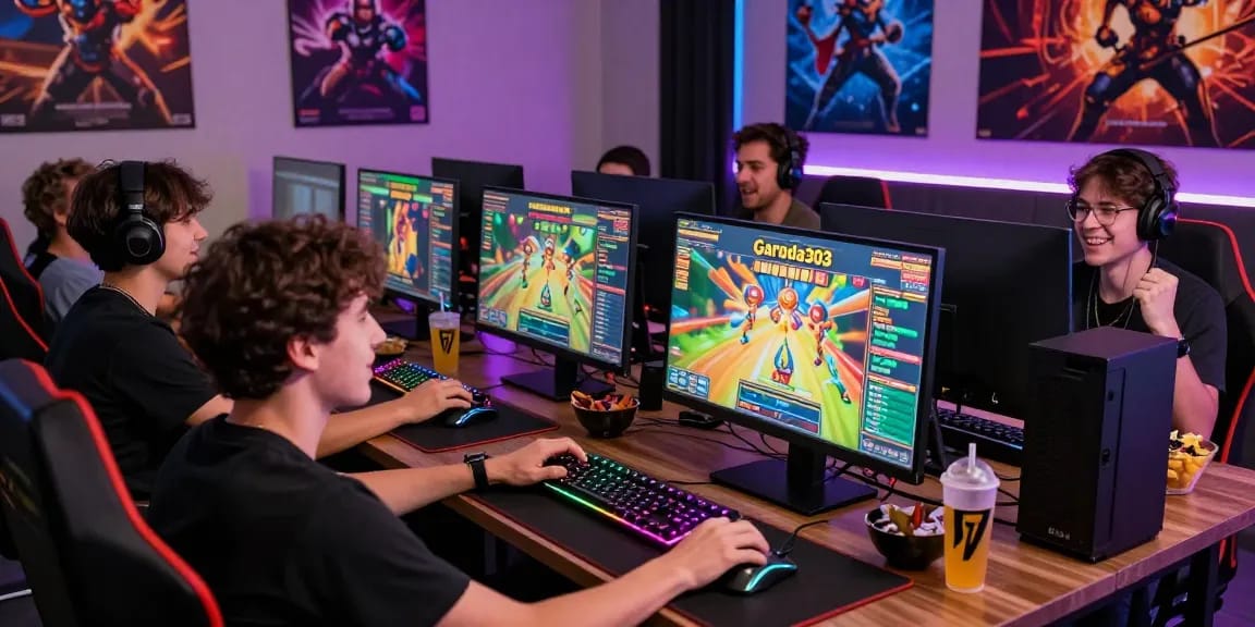 Cheerful gaming session with friends playing garuda303 slot on a vibrant computer setup, showcasing excitement and camaraderie.