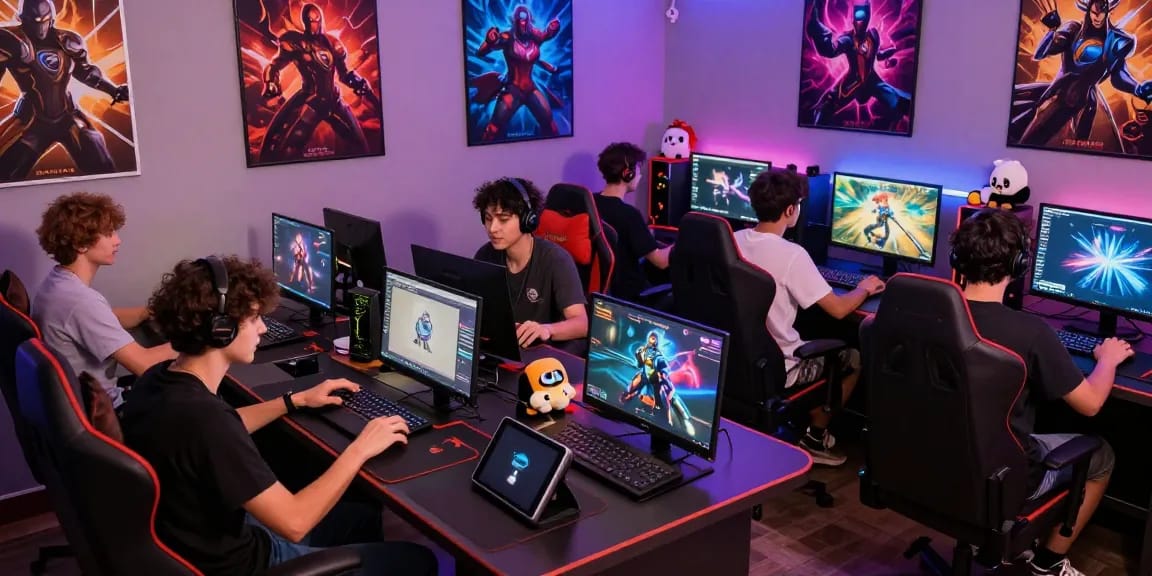 Players enjoying porngame on diverse devices in a vibrant gaming lounge.