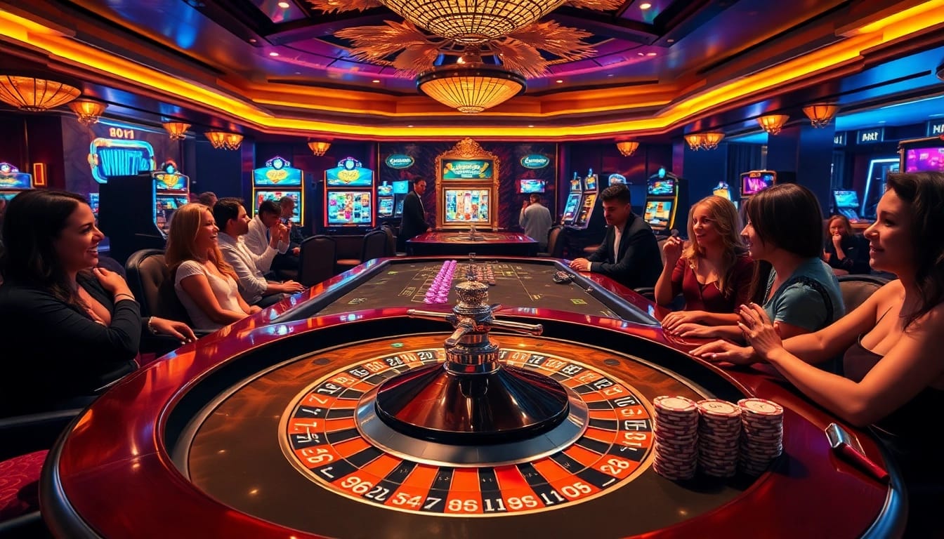Experience the excitement of vin777 com with a vibrant casino atmosphere, showcasing roulette and slot machines.