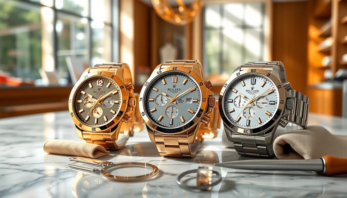 Gaze at stunning super clone watches showcased on marble, highlighting their luxury.