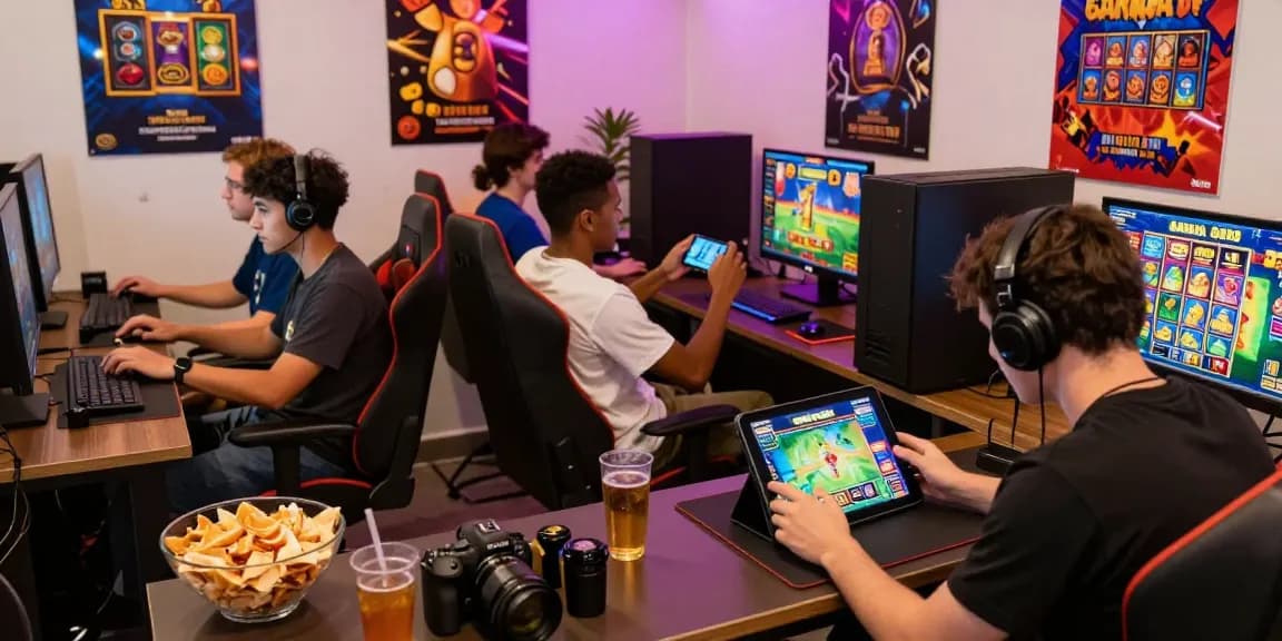 Engaging moment of players enjoying GARUDA303 slot games in a vibrant, modern lounge.