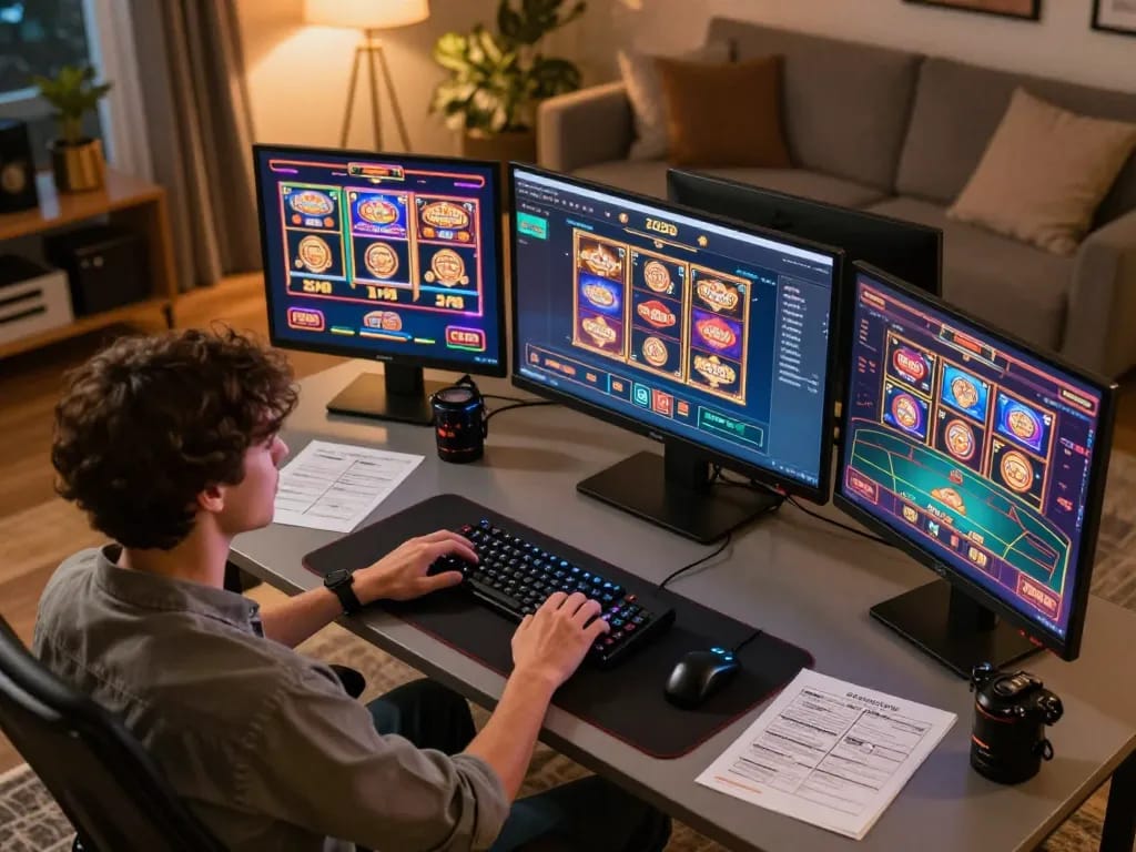 Engaging player enjoying casino europei online through multiple screens at home, showcasing vibrant games.