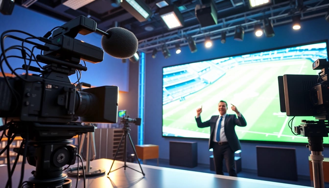 Engaging view of a sports broadcasting studio with live sports action display.