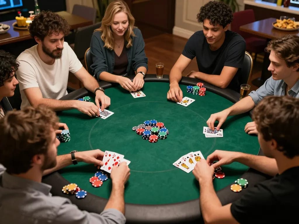 SIGAPBET players enjoying a lively home poker night with colorful chips and drinks, emphasizing social gambling.