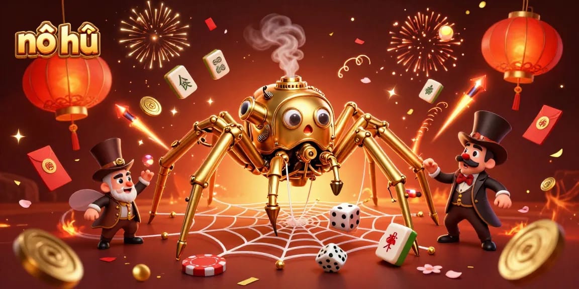 Engage in nổ hũ gaming with a vibrant steampunk scene featuring dynamic symbols and festive elements.
