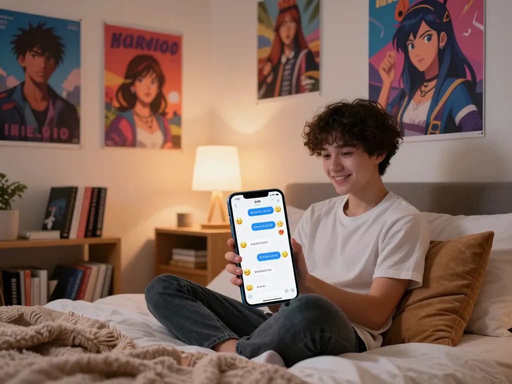 Engaging ai chat porn experience in a cozy bedroom with vibrant decor and a playful virtual character on the screen.
